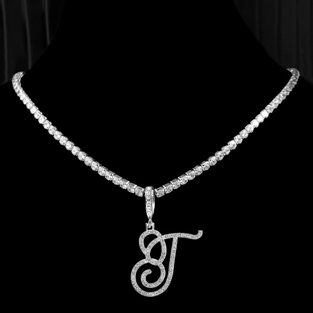 New cursive letter necklace with cubic zirconia, initial name necklace in hip-hop style, jewelry in gold and silver colors, CZ pendant with 26 letters