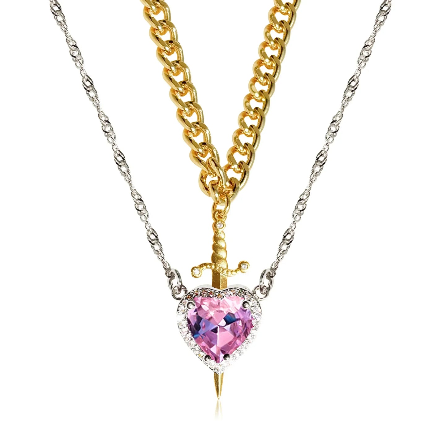 LATS 2-piece heart and sword zircon pendant necklace set, stackable, for women and men, couple necklace, silver-plated/gold-plated, choker chain jewelry