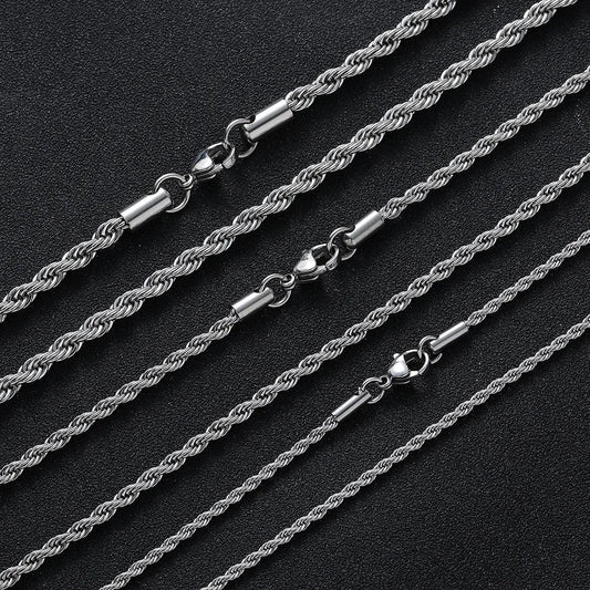 2–6 mm stainless steel necklace for women and men, color-resistant, waterproof, twisted rope chain, fashion jewelry, 16–30 inches