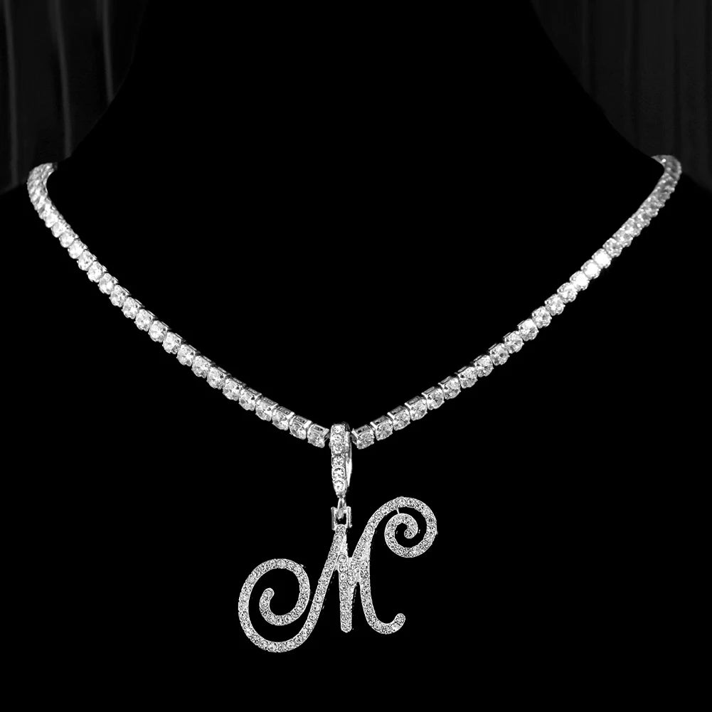 New cursive letter necklace with cubic zirconia, initial name necklace in hip-hop style, jewelry in gold and silver colors, CZ pendant with 26 letters