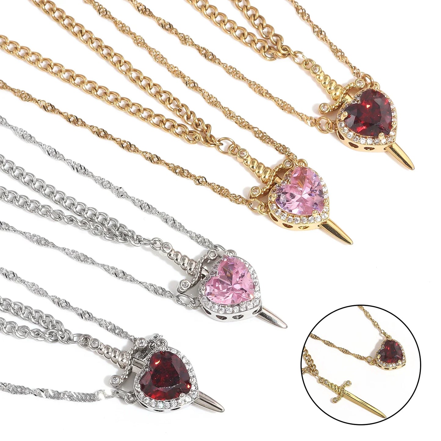 LATS 2-piece heart and sword zircon pendant necklace set, stackable, for women and men, couple necklace, silver-plated/gold-plated, choker chain jewelry