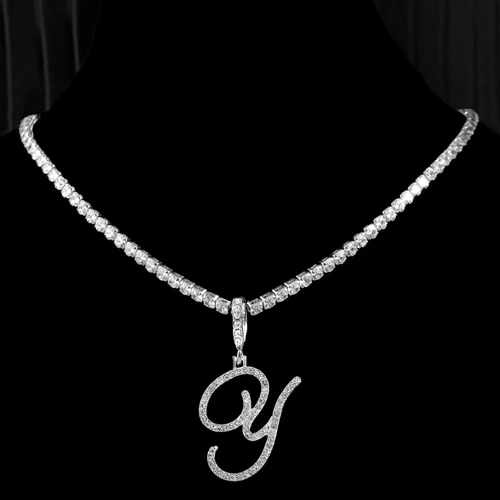 New cursive letter necklace with cubic zirconia, initial name necklace in hip-hop style, jewelry in gold and silver colors, CZ pendant with 26 letters