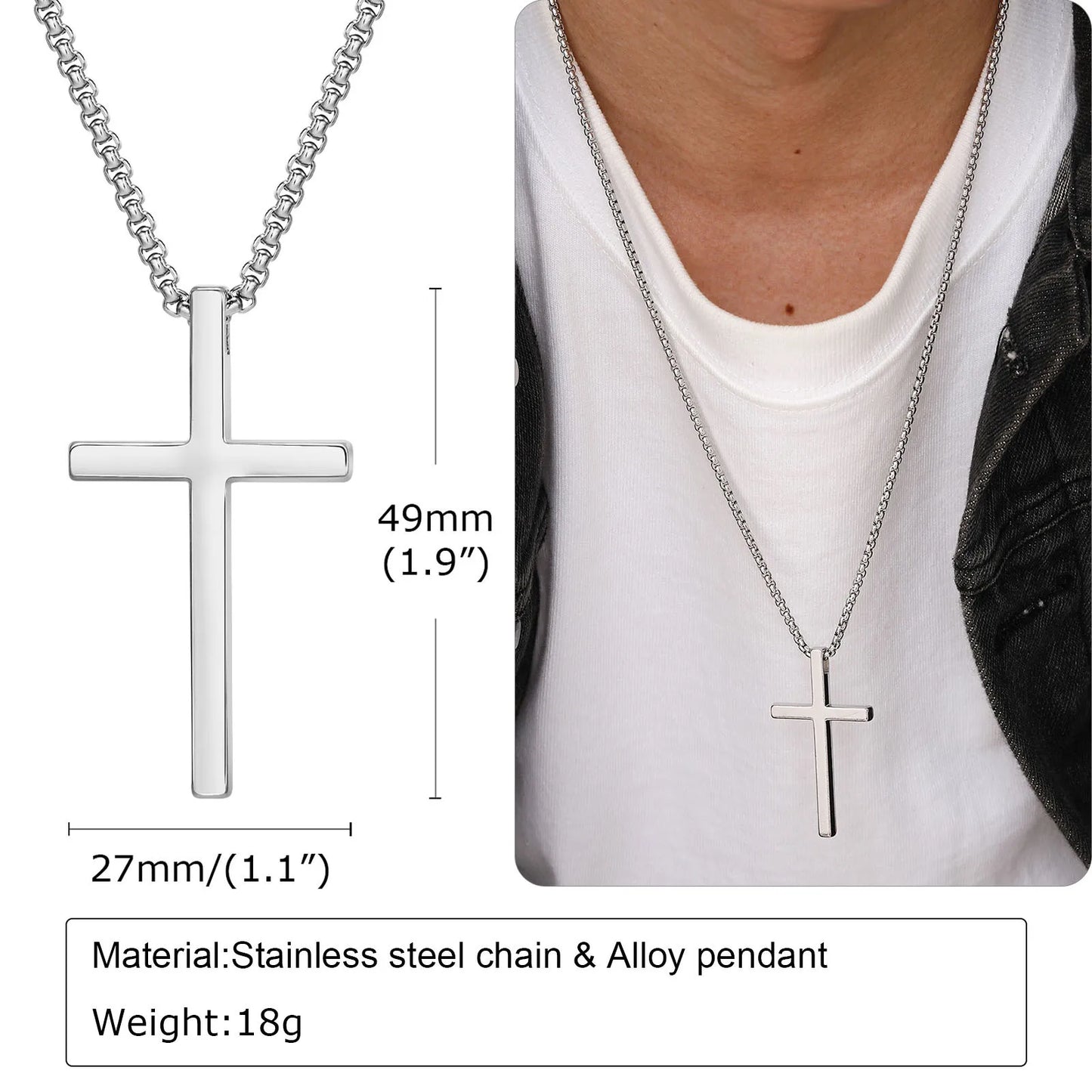 Vnox cross necklace for men and women, simple cross pendant in silver color with stainless steel box chain