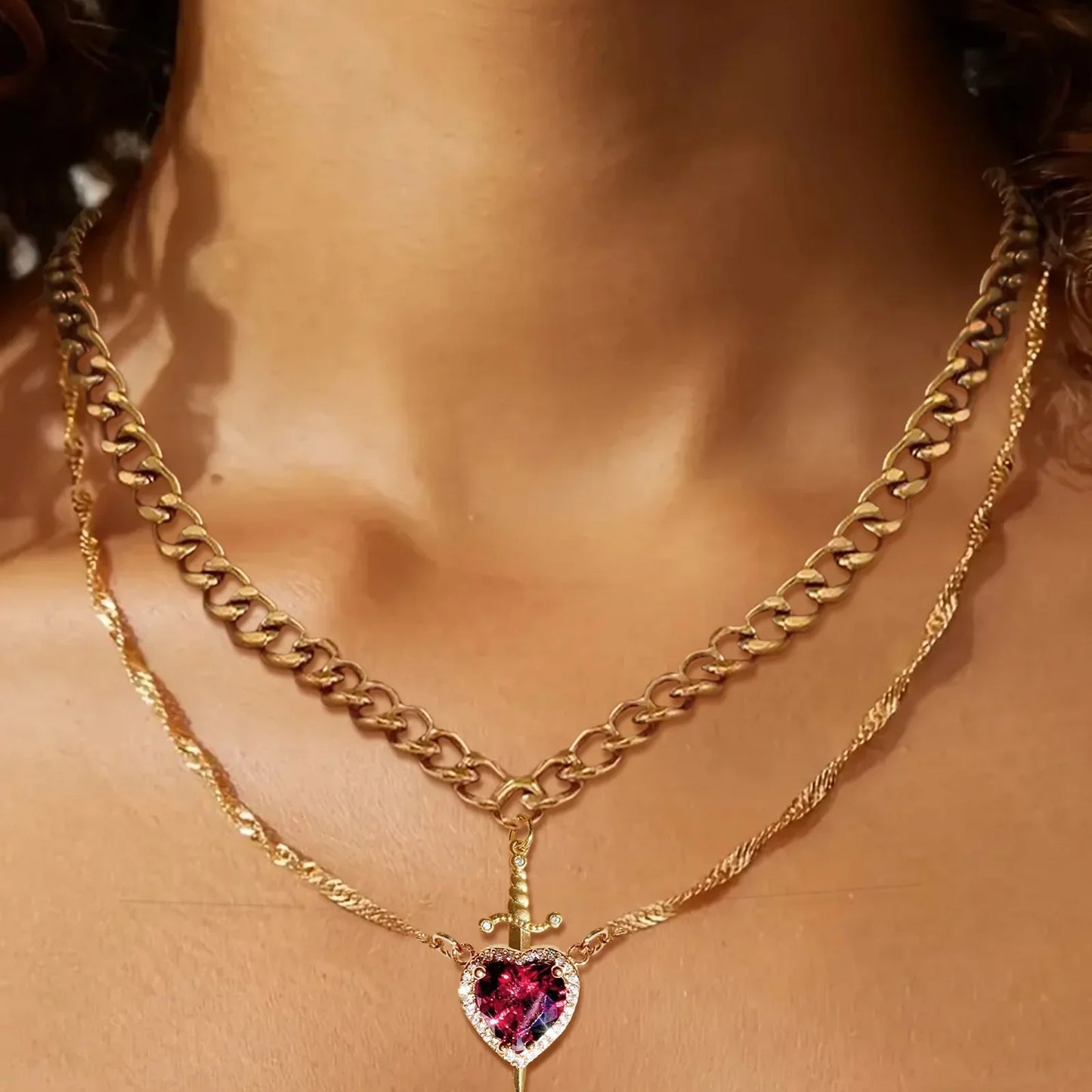 LATS 2-piece heart and sword zircon pendant necklace set, stackable, for women and men, couple necklace, silver-plated/gold-plated, choker chain jewelry