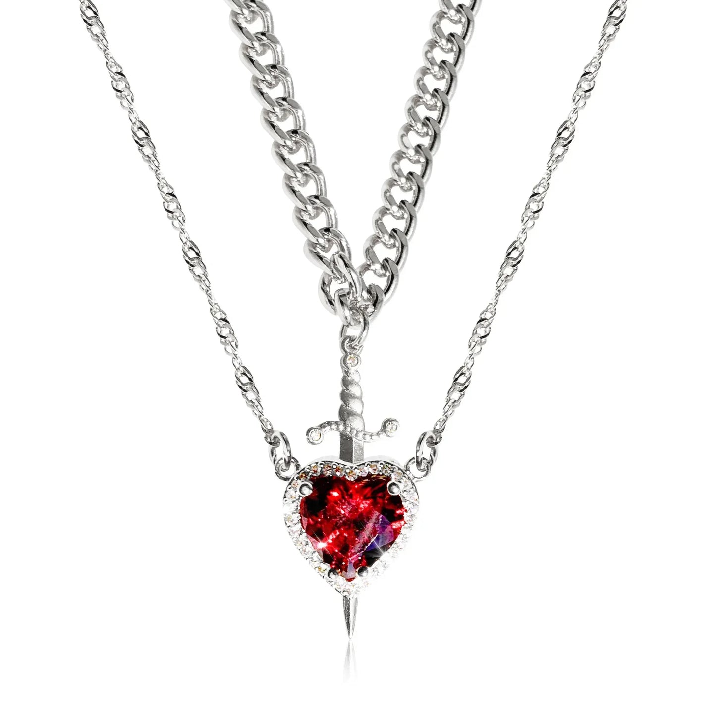 LATS 2-piece heart and sword zircon pendant necklace set, stackable, for women and men, couple necklace, silver-plated/gold-plated, choker chain jewelry