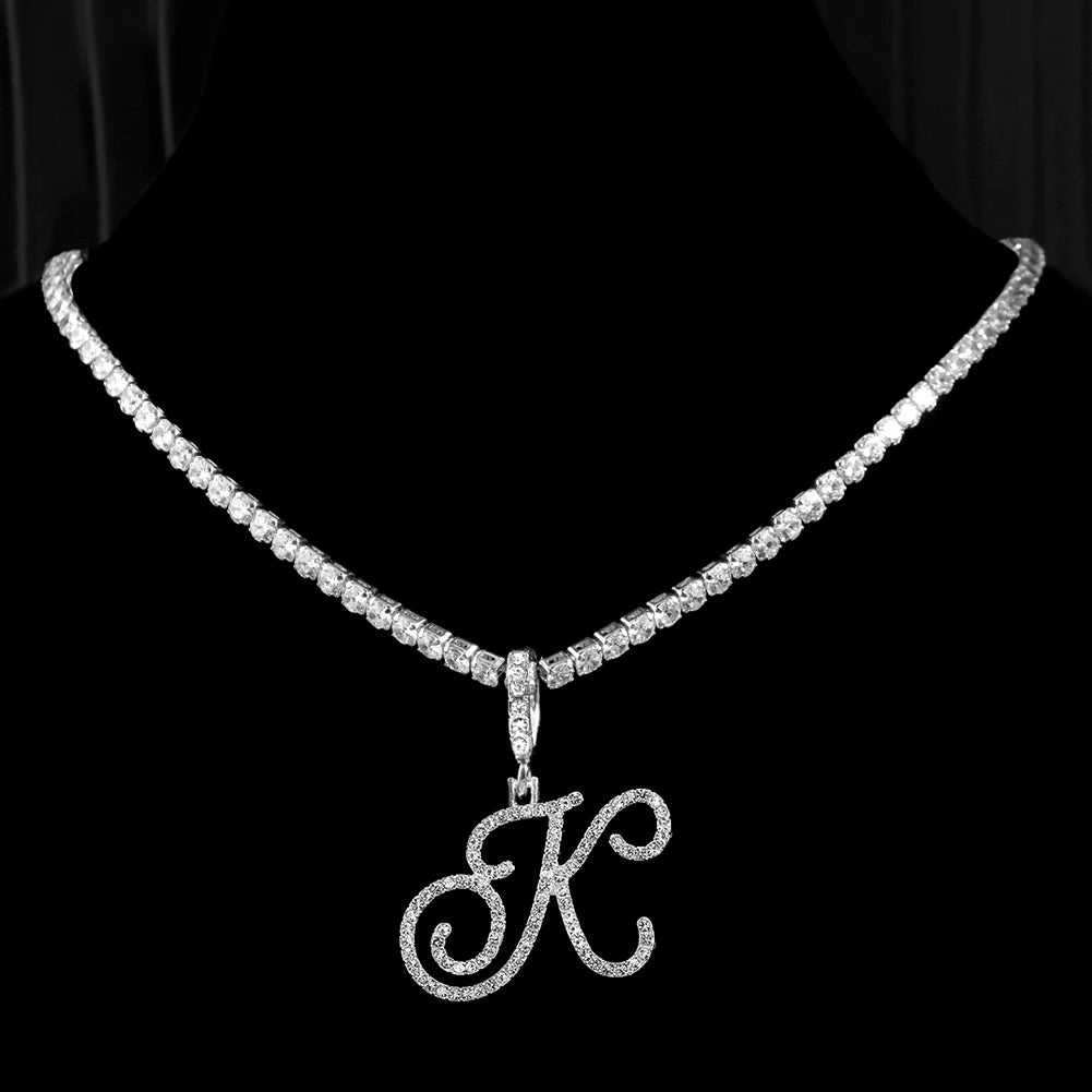 New cursive letter necklace with cubic zirconia, initial name necklace in hip-hop style, jewelry in gold and silver colors, CZ pendant with 26 letters