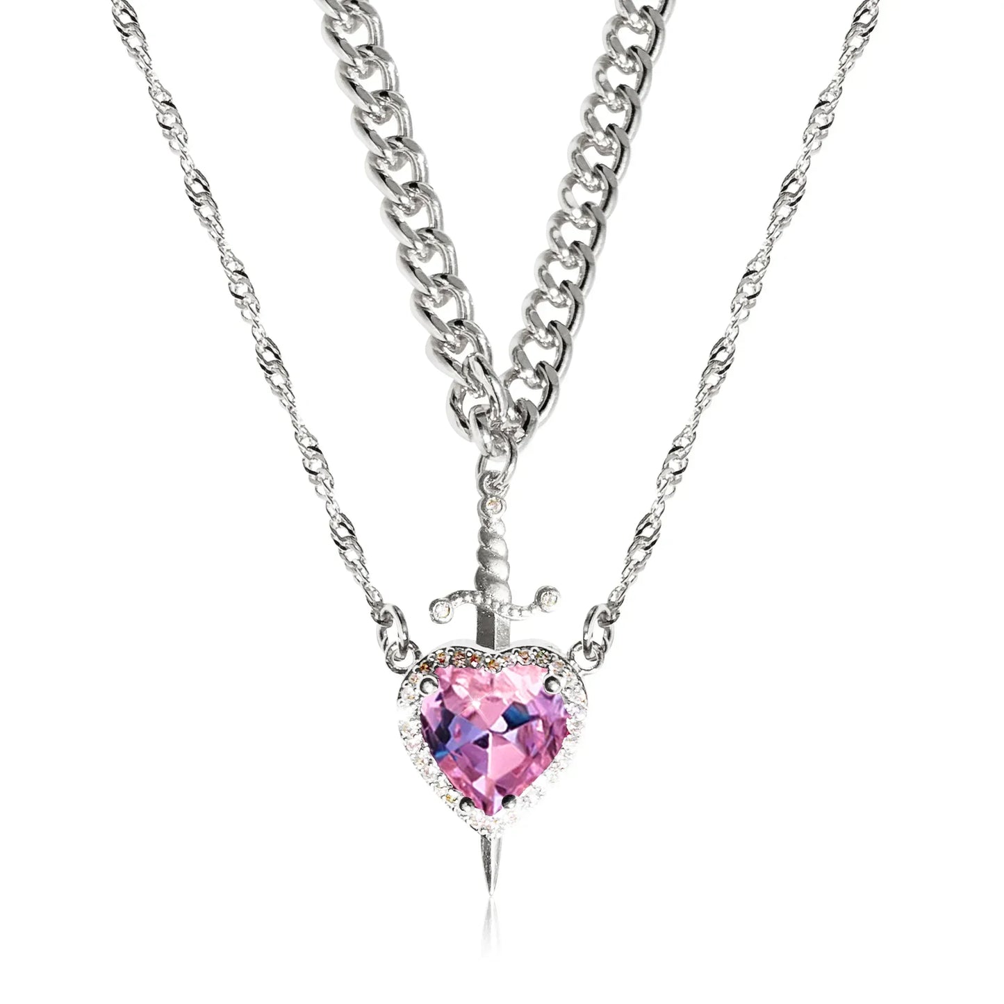 LATS 2-piece heart and sword zircon pendant necklace set, stackable, for women and men, couple necklace, silver-plated/gold-plated, choker chain jewelry