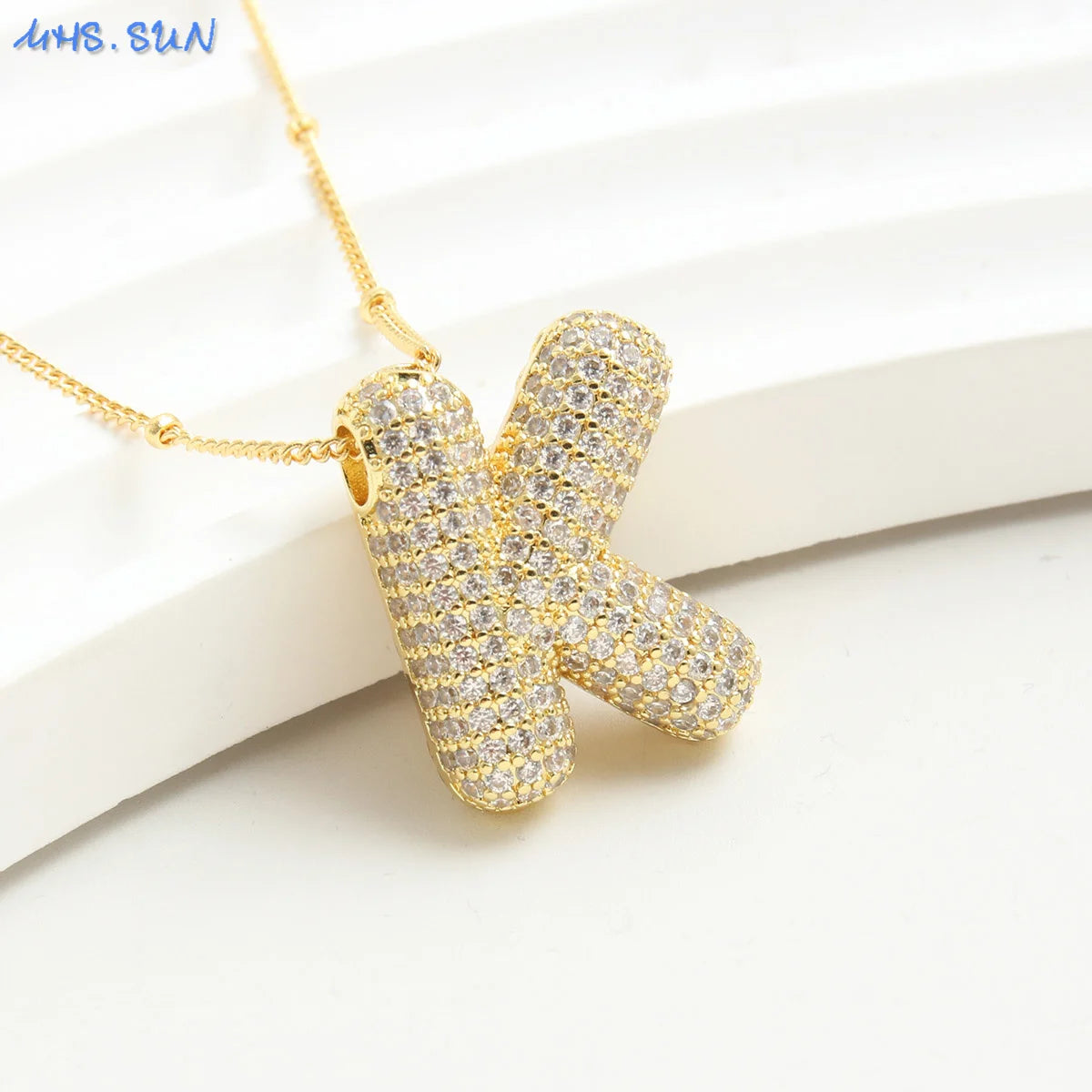 MHS.SUN Gold Plated Balloon 26 Letter Necklaces Copper Zircon Bubble Initial Pendant Chunky Women Personality Chain Jewelry