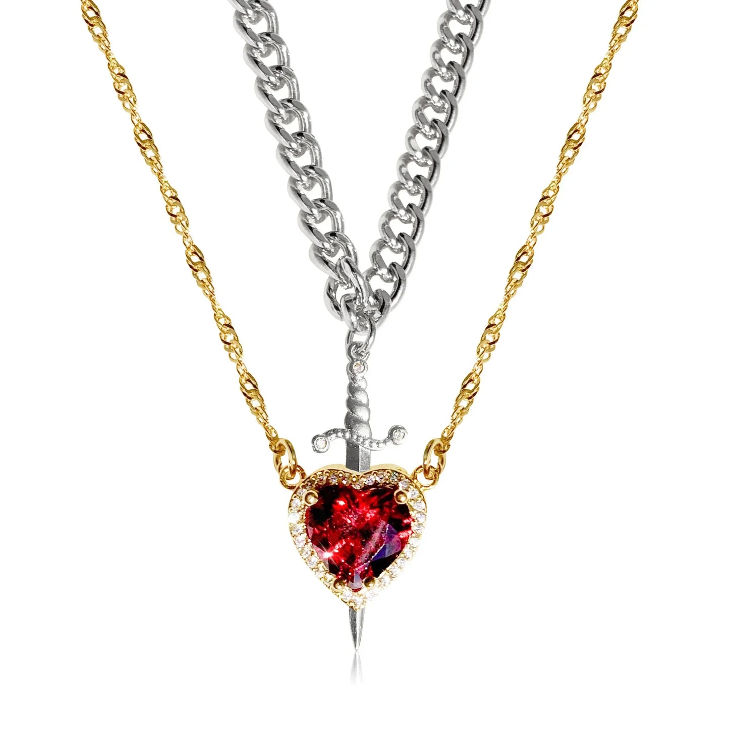 LATS 2-piece heart and sword zircon pendant necklace set, stackable, for women and men, couple necklace, silver-plated/gold-plated, choker chain jewelry