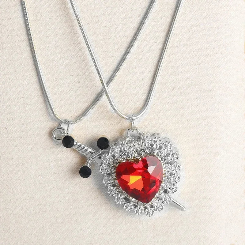 LATS 2-piece heart and sword zircon pendant necklace set, stackable, for women and men, couple necklace, silver-plated/gold-plated, choker chain jewelry