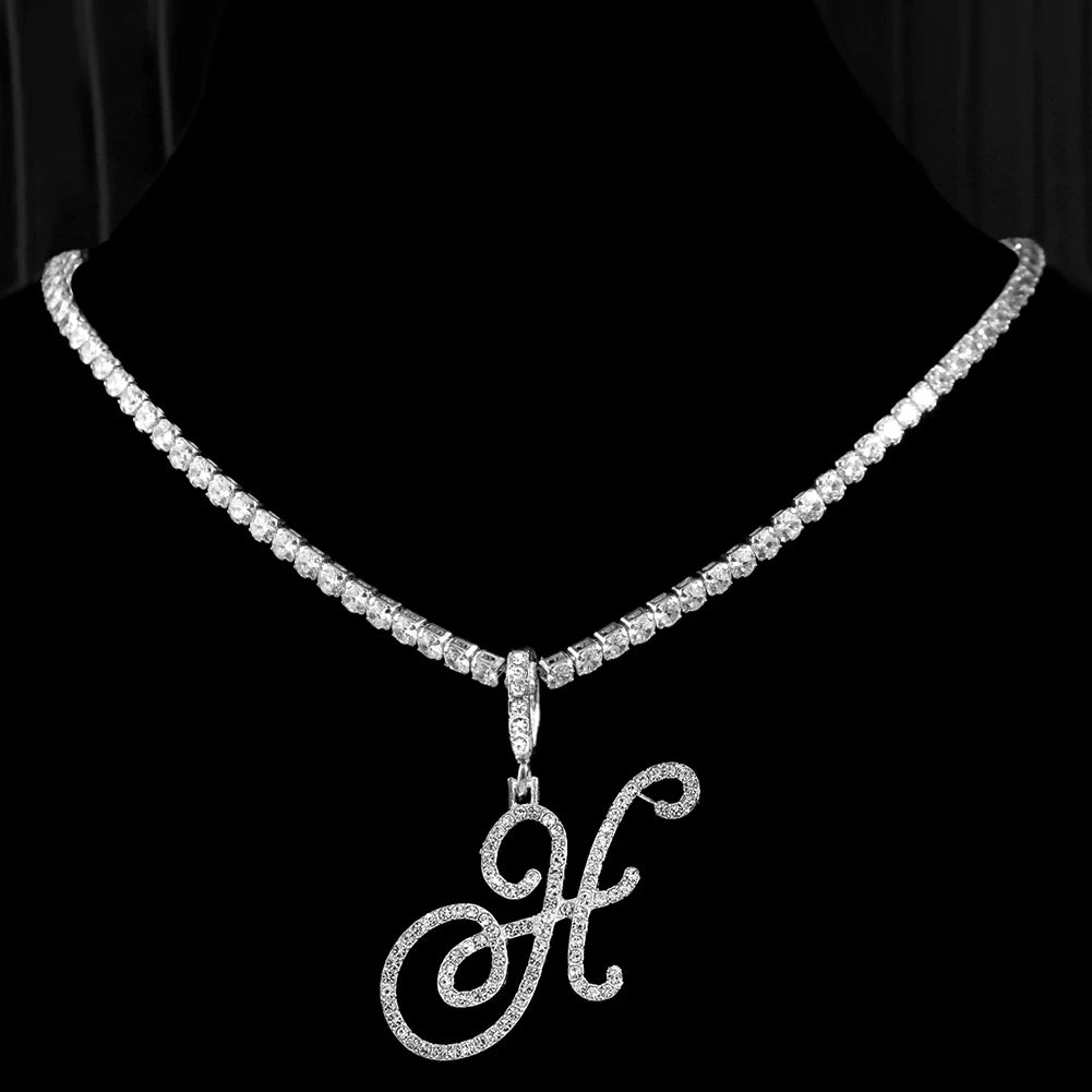 New cursive letter necklace with cubic zirconia, initial name necklace in hip-hop style, jewelry in gold and silver colors, CZ pendant with 26 letters