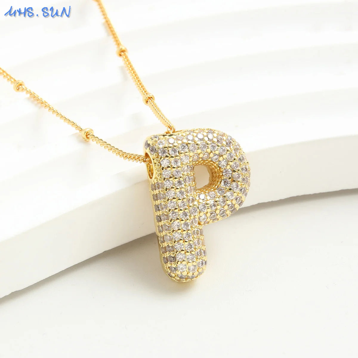 MHS.SUN Gold Plated Balloon 26 Letter Necklaces Copper Zircon Bubble Initial Pendant Chunky Women Personality Chain Jewelry